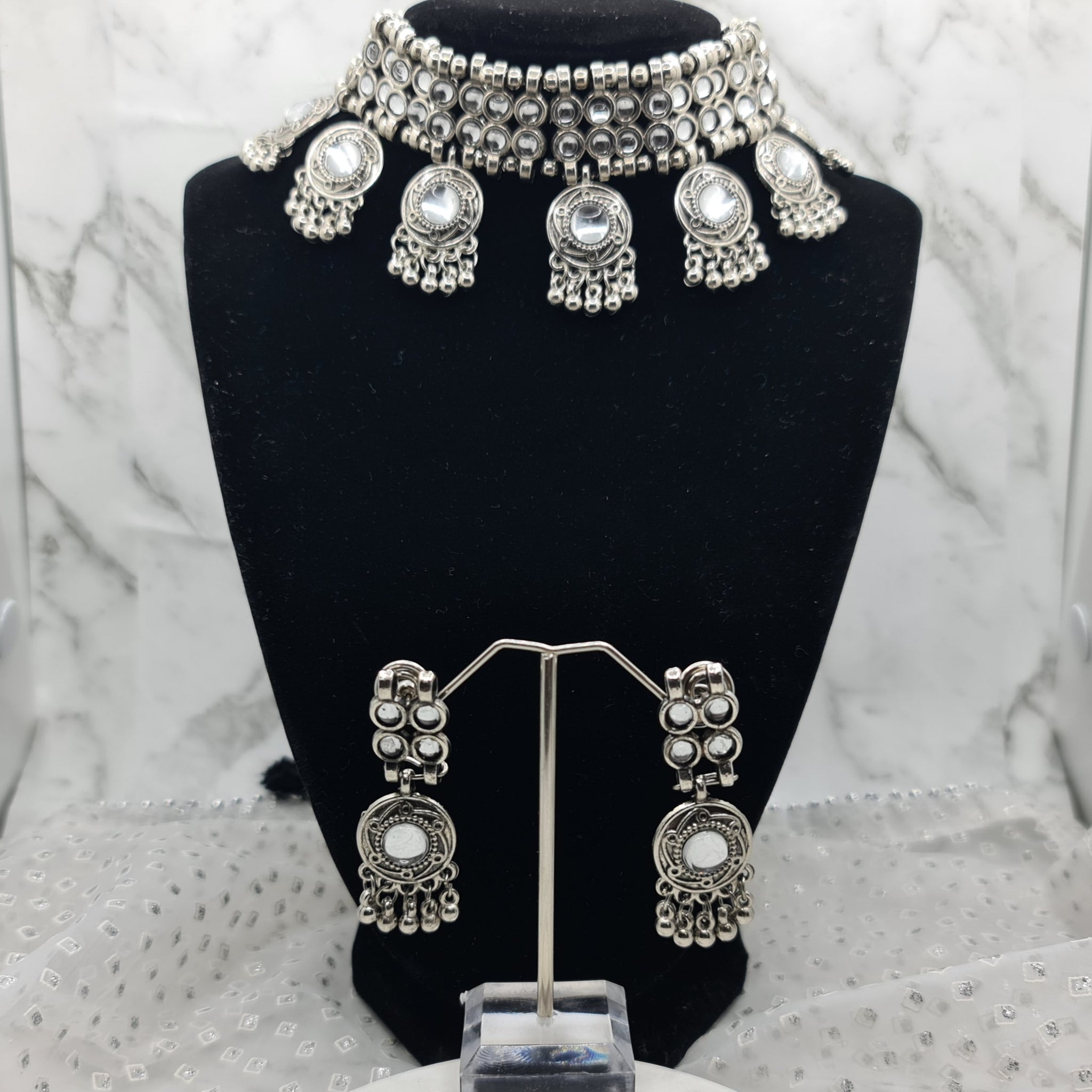 Clear Stone Choker Oxidised Necklace Set