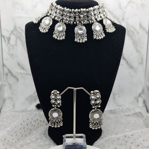 Clear Stone Choker Oxidised Necklace Set