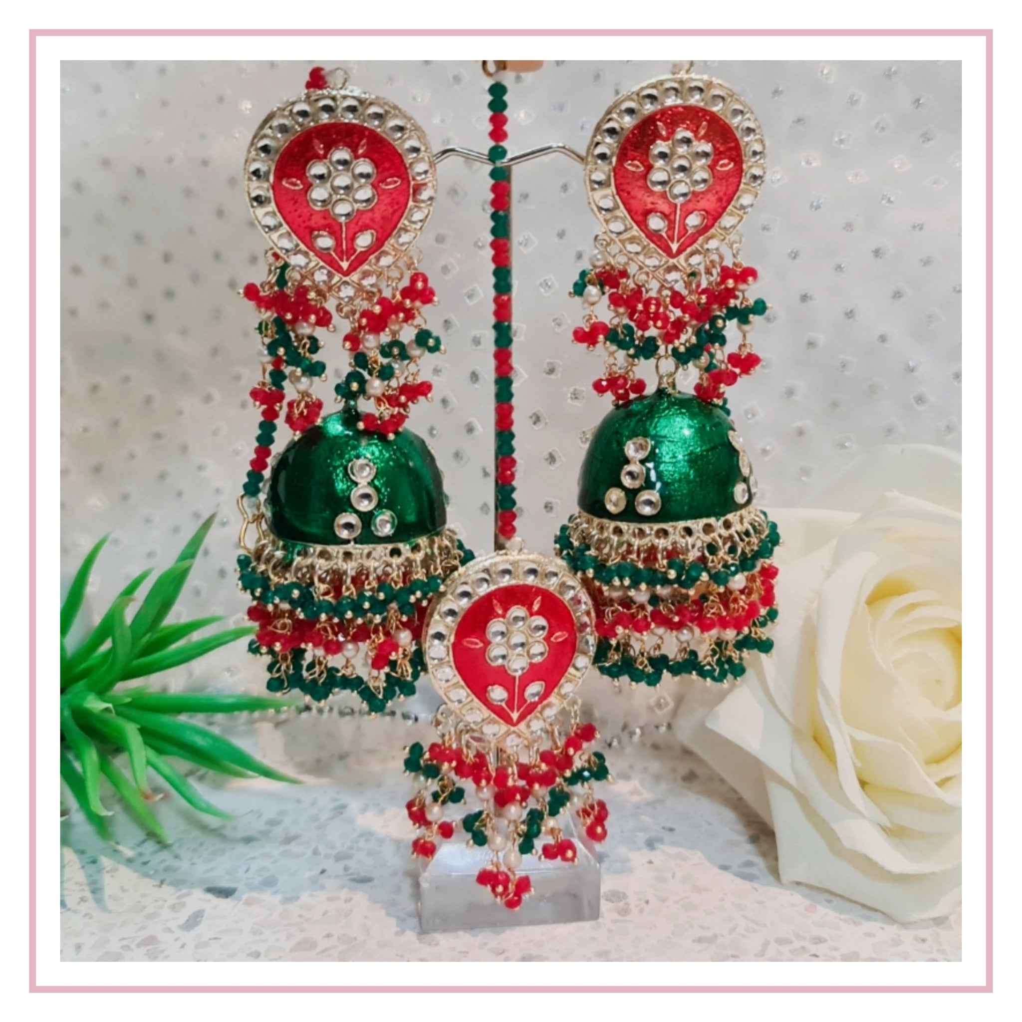 RUTVI Earring and Maangtikka Set - Red/Green