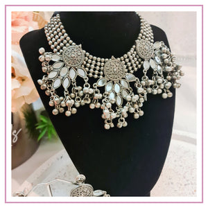 Three Flower Mirror Oxidised Necklace Set