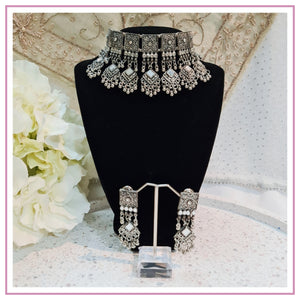 Diamond Mirror Oxidised Necklace Set